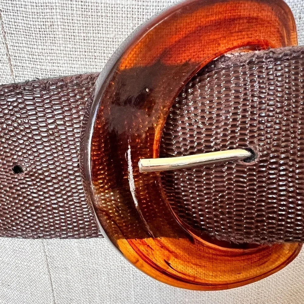 Wide Brown Vegan Belt Acrylic Tortoise Print Buckle Vintage Vegan Faux Leather